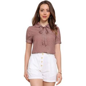 Dots Blouses Bow Tie Peter Pan Collar Chiffon Blouse Dark Pink